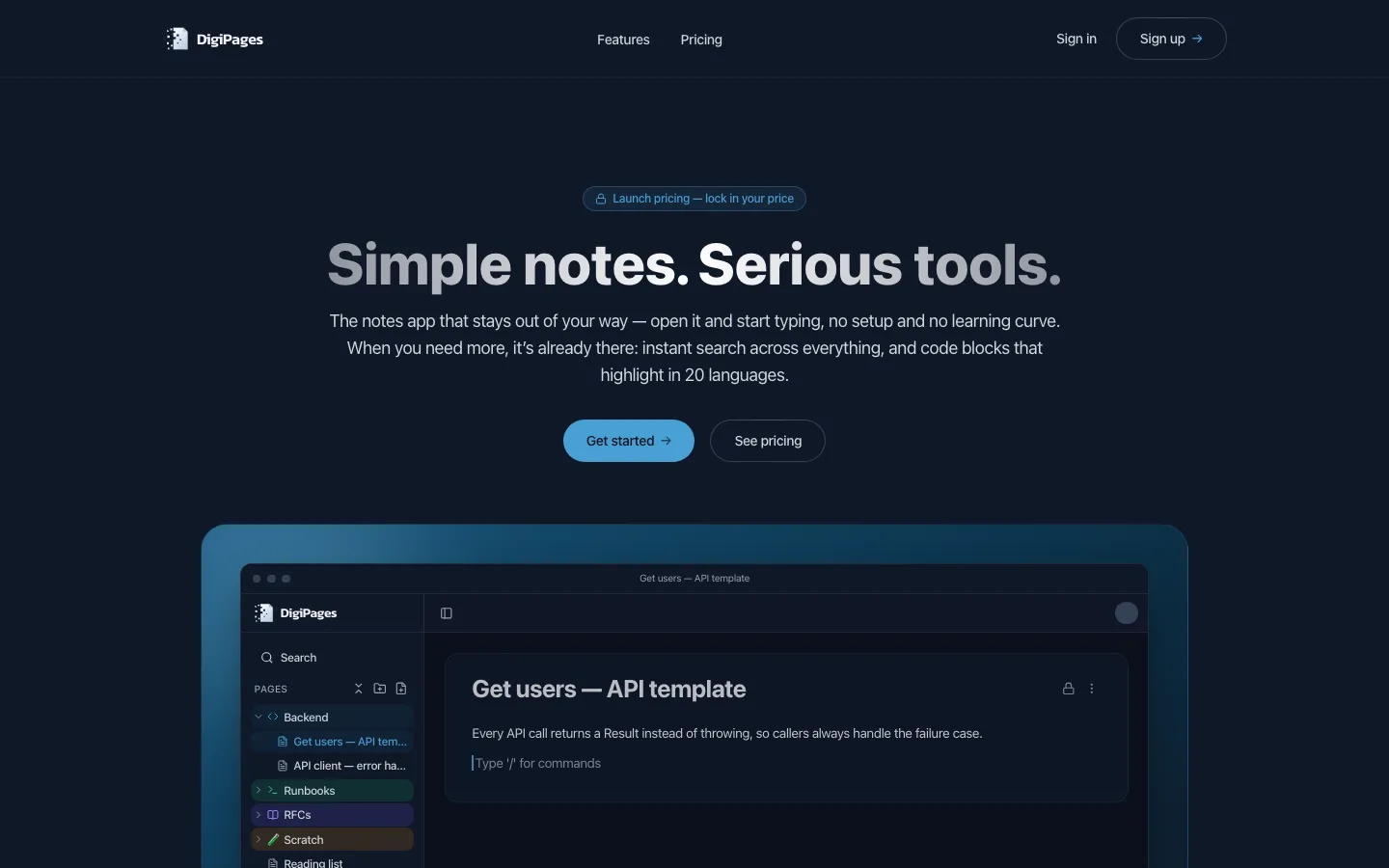 The DigiPages home page: Simple notes. Serious tools.