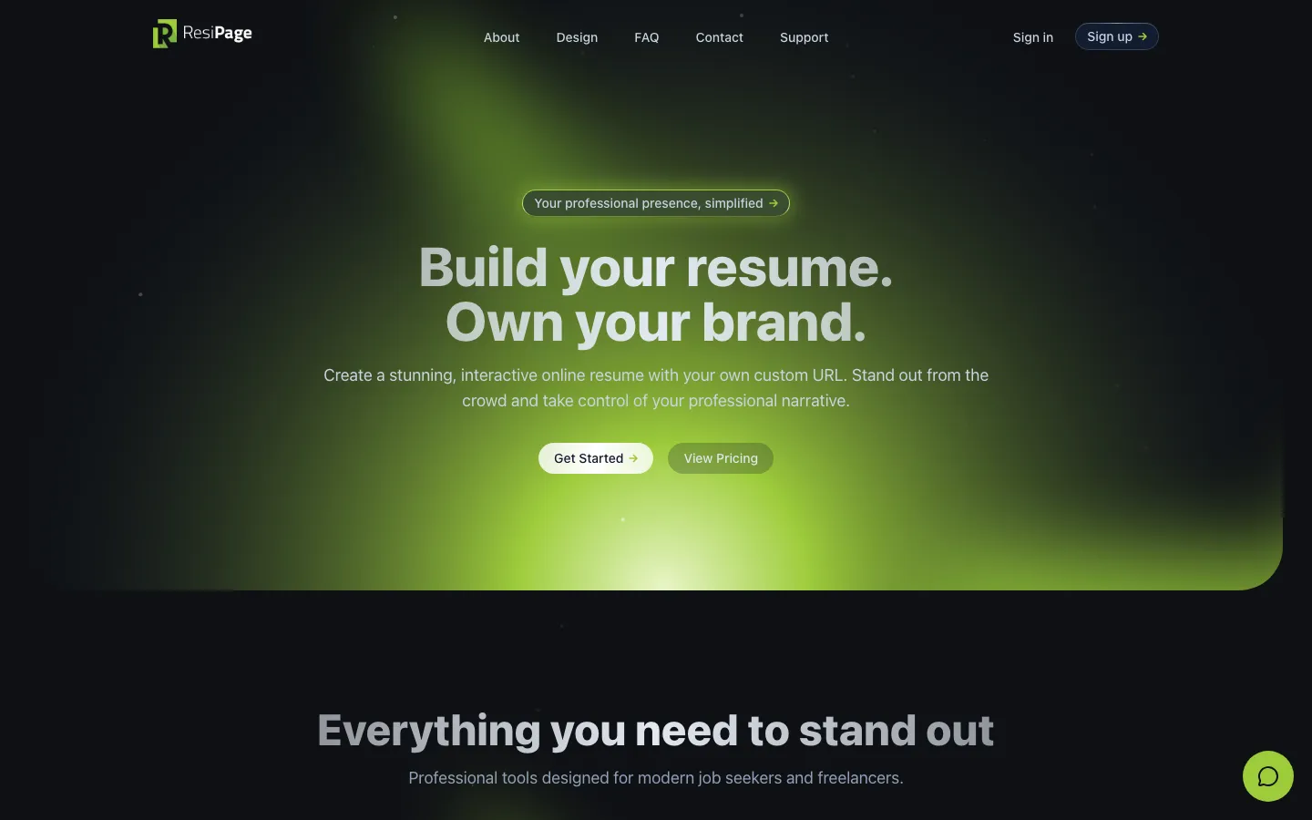 The ResiPage home page: Build your resume. Own your brand.