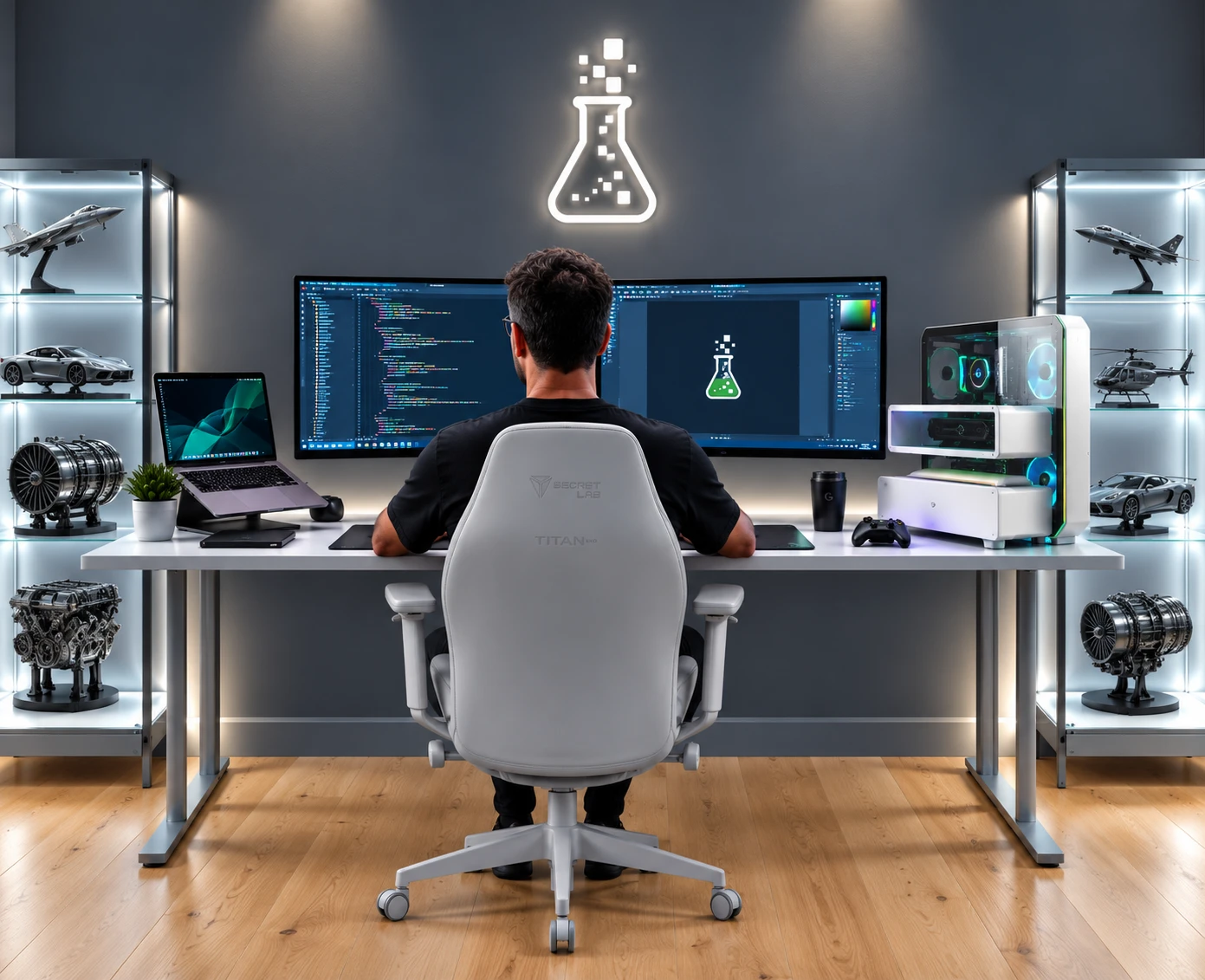 Jared at his desk in the Cottone Labs studio, under a glowing white flask logo on the wall, with code and the green flask logo on his monitors, a white PC, and backlit shelves of model jets, cars and engines on either side